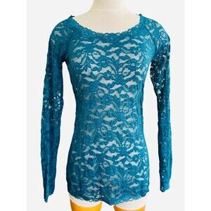 Mode International Wm M  Blue Lace Floral Sheer Long SleevePullover Top Blouse
